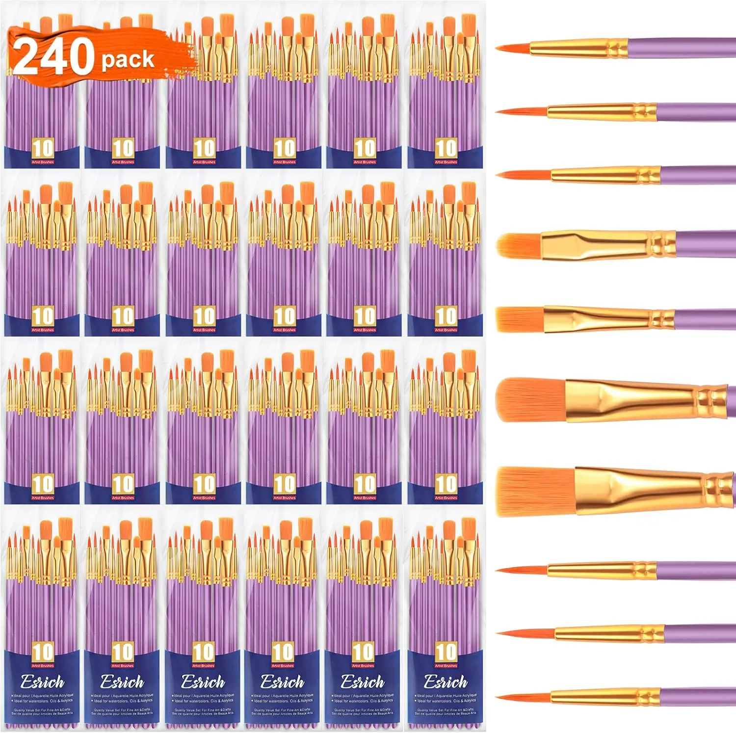 

240 Pcs Acrylic Paint Brushes Set, 24 Packs, Nylon Brush Heads for Acrylic, Oil, Watercolor, Nail Art, Rock Painting, Purple