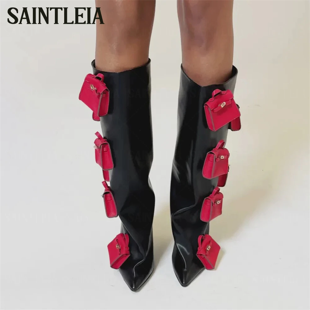 Red Purse Pendants Leather Knee Boots Sculptural Pointed Knee High Shaft Stiletto Boots Fashion Style Handmade Black Purse Boots