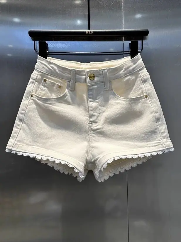 Korean Fashion White Denim Patchwork Lace High Waist Wide Leg Shorts Women Summer Vintage Washed Jean Short Pants Casual Popular