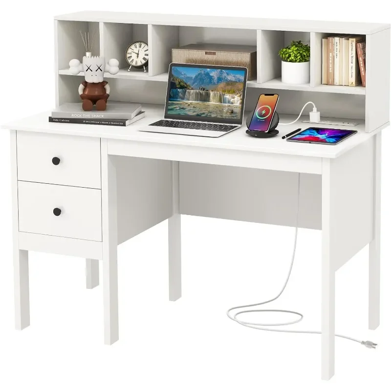 White Desk with Drawers & Hutch, Modern Home Office Desk Writing Study Desk with Charging Station