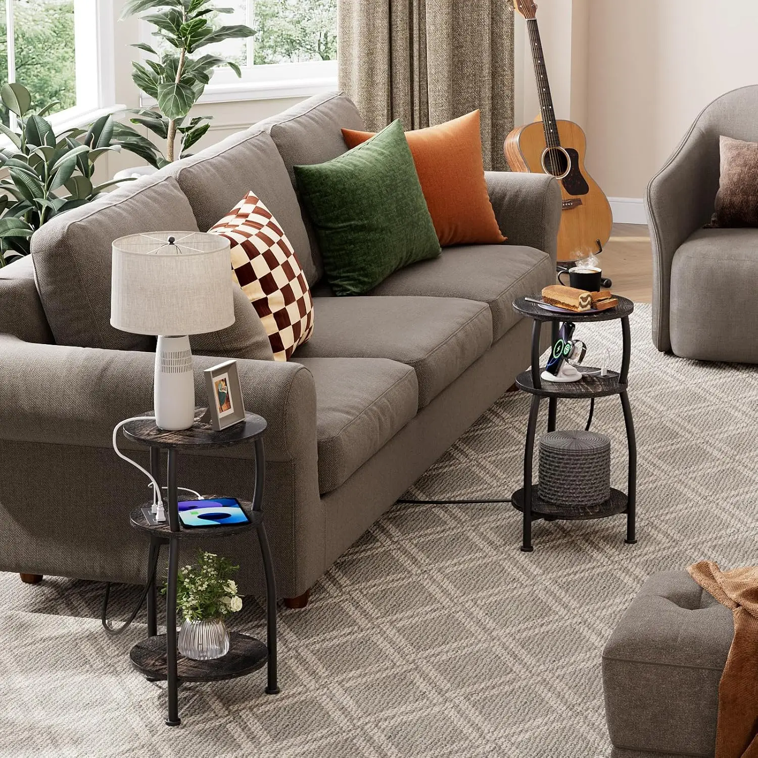 Round Side Table with Power Outlet & USB Ports, 3-Tier End Table with Storage Shelf, Modern Rustic Nightstand, Small Spaces A