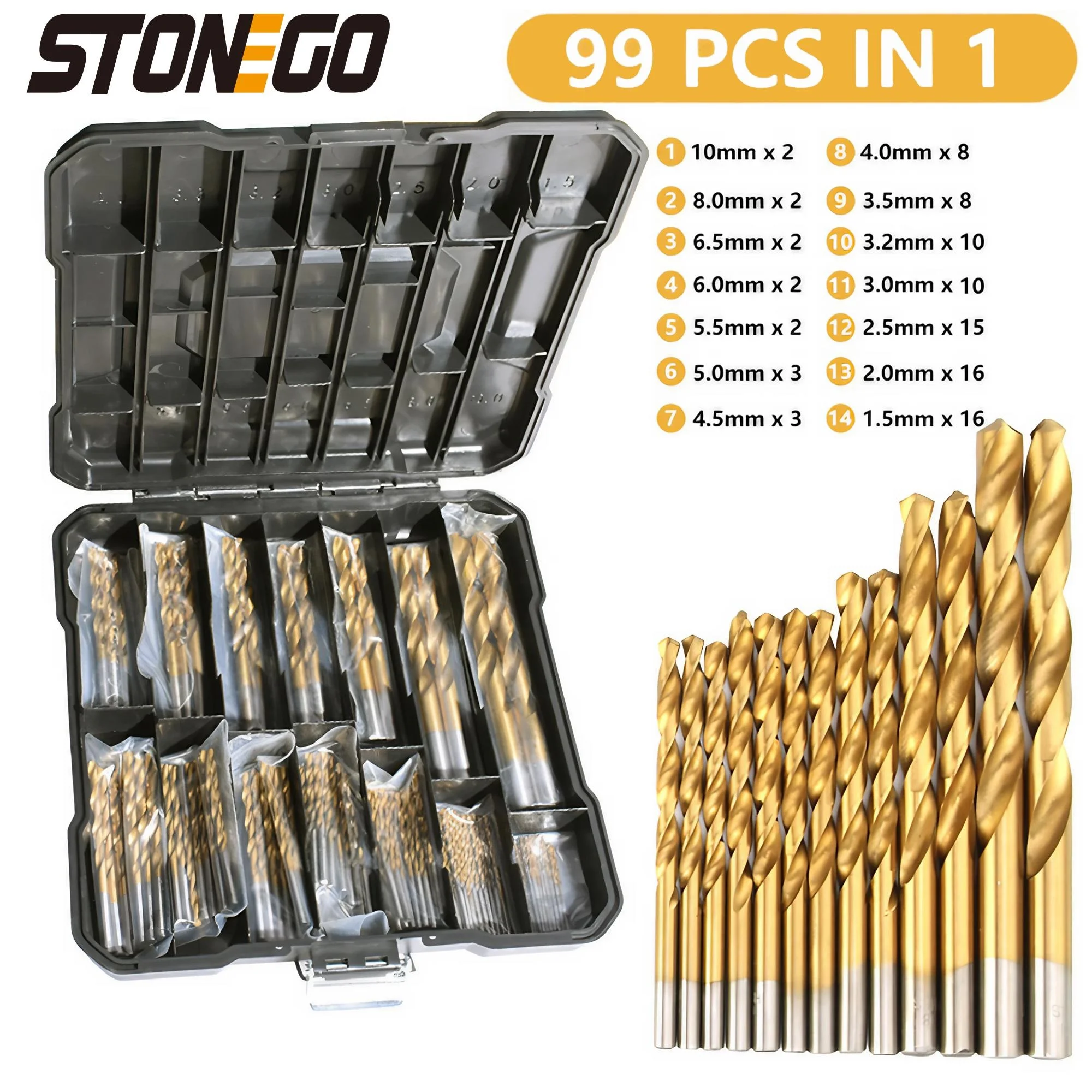 

STONEGO 99Pcs Titanium Drill Bit Set High-Speed Steel Drill Bits For Steel Plate Wood Plastic Metal Copper Alloy Woodworking Hole Opener