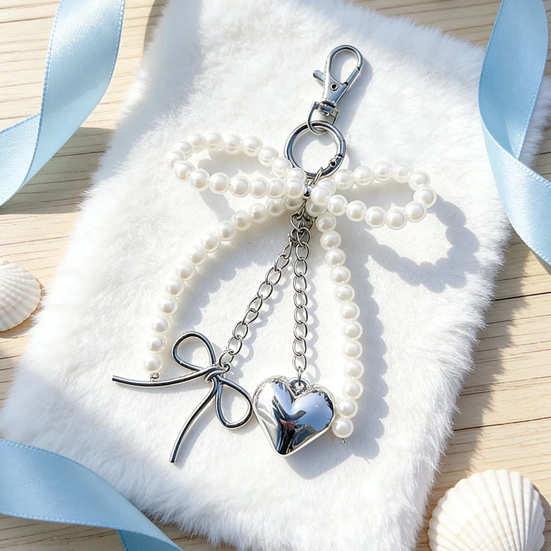 Delicate Beaded Key Chain Handmade Bow Shaped Keyring Heart Keychain Ornament Pearl Decoration For Bags And Phones