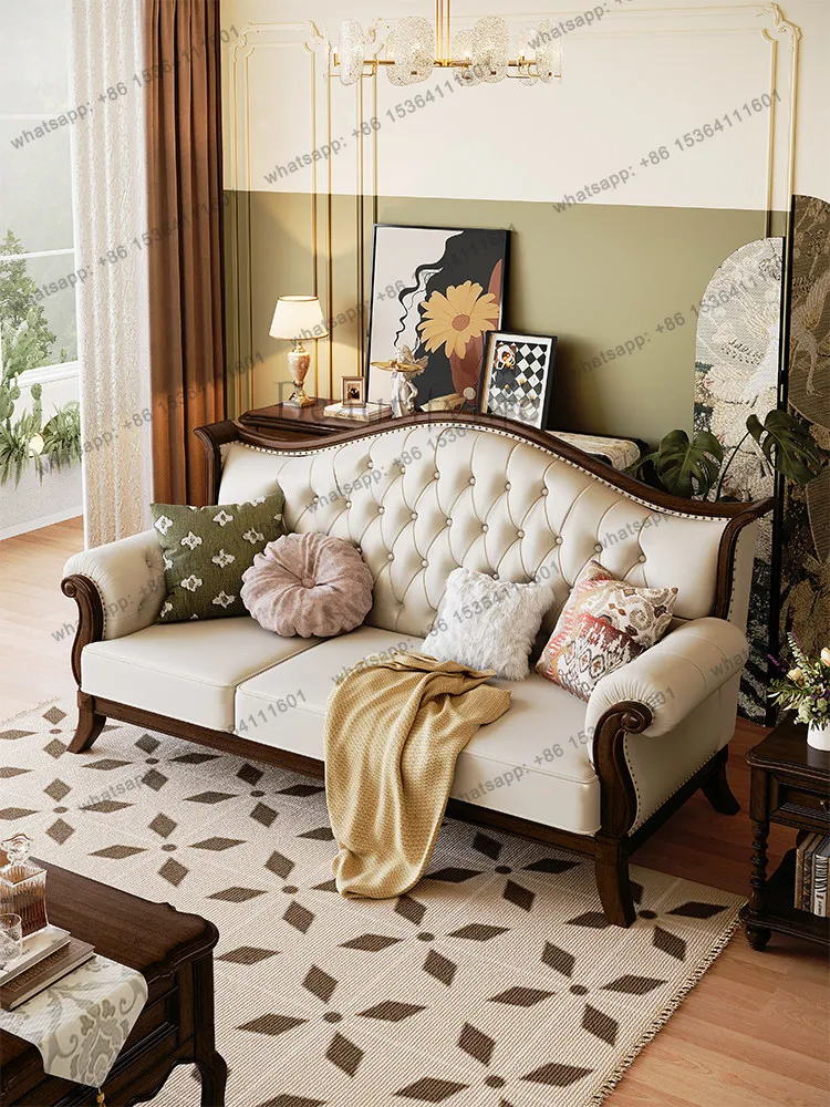 Sofa American country classic retro style pull-up buckle nappa leather combination solid wood sofa