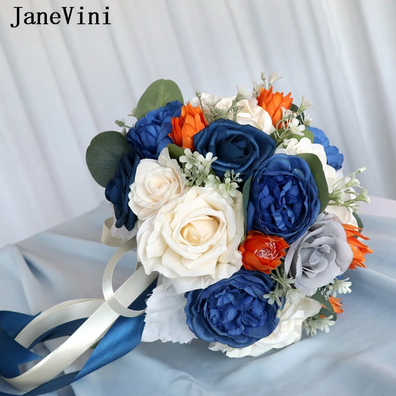 JaneVini-Bouquet de Mariage Artificiel Bleu Royal, Vintage, Décoration pour Mariée, Patients à l'Extérieur, Fleurs, Accessoires