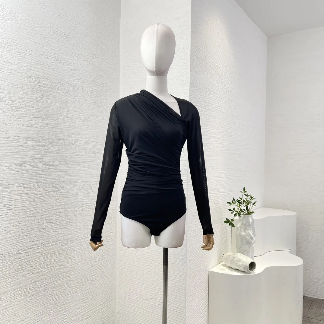 

Brown and Black Long Sleeve Deep V Neck Blouse Bodysuits As Pic High Quality