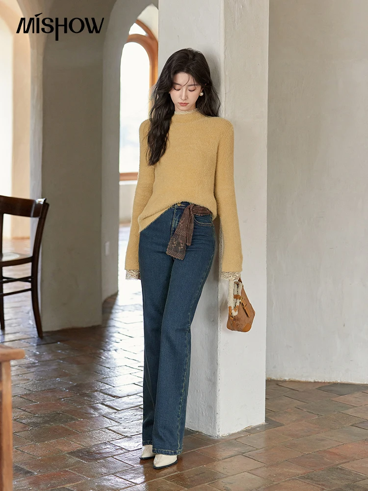 MISHOW أسفل محبوك سترة المرأة الدانتيل حافة تقليد المنك الصوف الياقة المدورة المرأة طويلة الأكمام 2024 الشتاء بلايز MXD55Z0936 #5