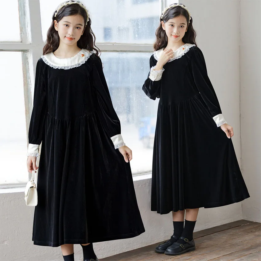 

2025 Autumn Winter New Black Velvet Long Sleeve Dresses For Teens Toddler Girls Lace Collar Loose French Influencer Style Dress
