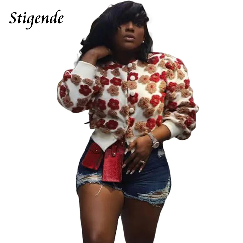 

Stigende Fluffy Patchwork Floral Jacket Women Long Sleeve Crop Coat Single Breasted Button Cardigan