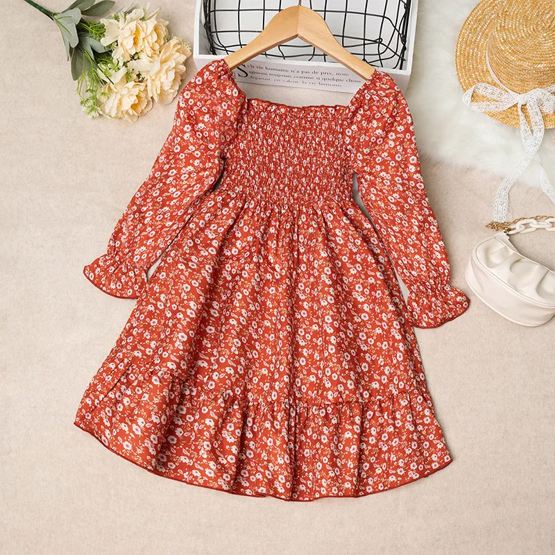 2023 Winter New Girls Dress Long Sleeve Square Collar Floral Red Cute Designer Girls Princess Dress Vestido 18M-7T