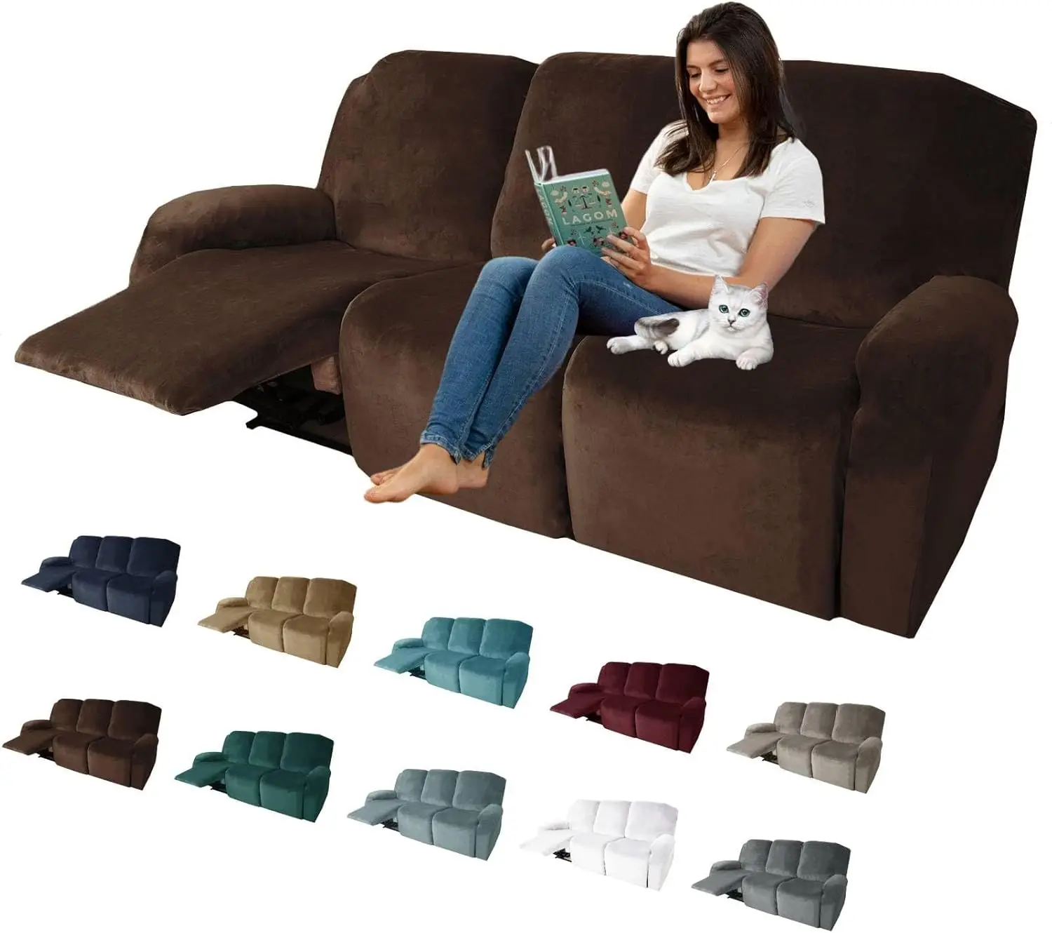 

8 Pieces Recliner Sofa Covers, Stretch Velvet Reclining Couch Covers For 3 Cushion Furniture Covers, Thick, Soft, Washable