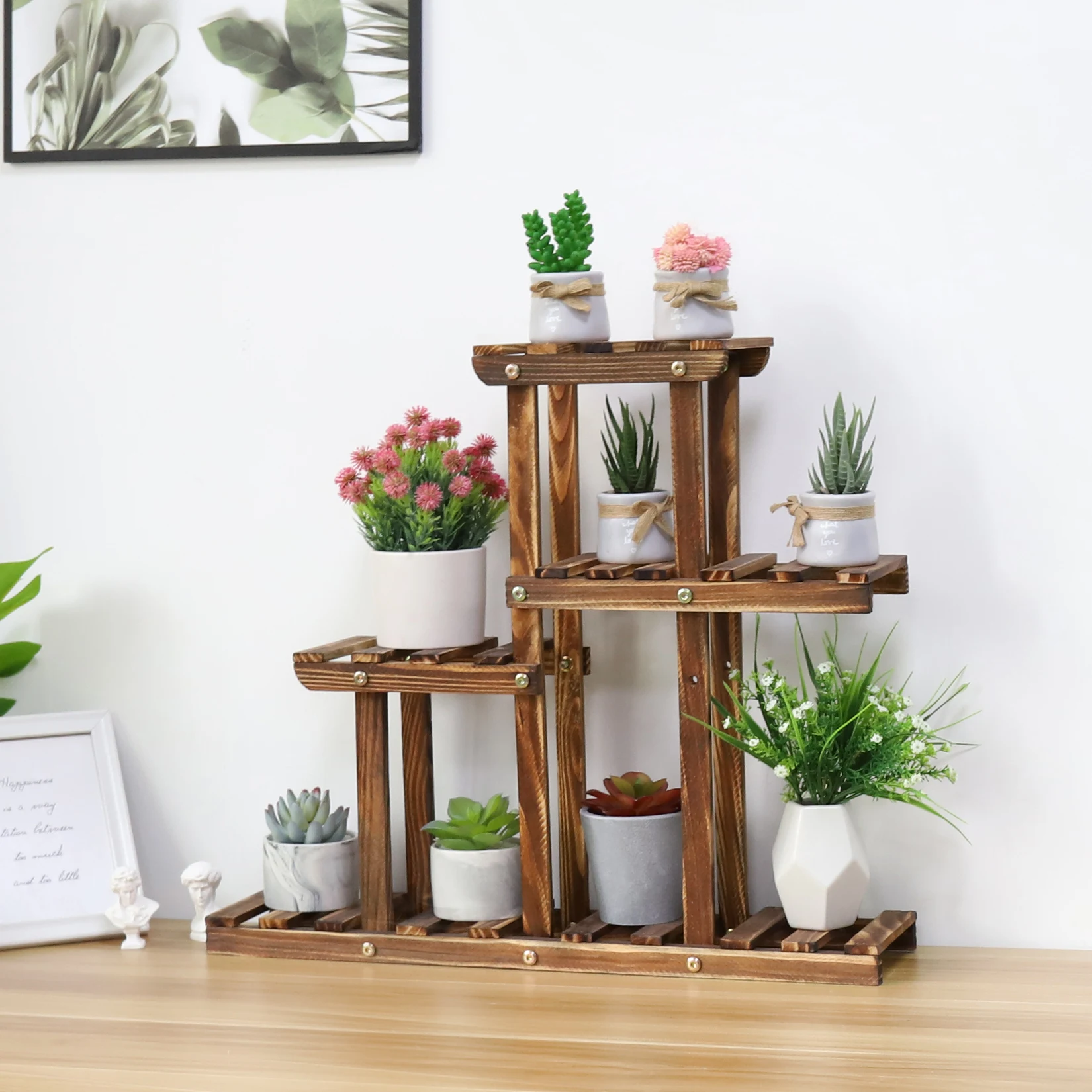 Soporte para plantas de madera carbonizada, estante para suculentas de varios niveles, Mini soporte para plantas de escritorio para balcón y jardín