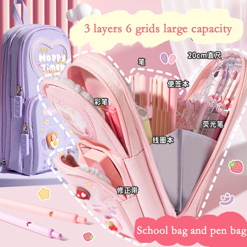 Imagem -03 - Grande Capacidade Lona Bolsa Lápis Kawaii Lápis Cases Bolsa Titular Caixa para Meninas Material Escolar Papelaria Estudante 1pc