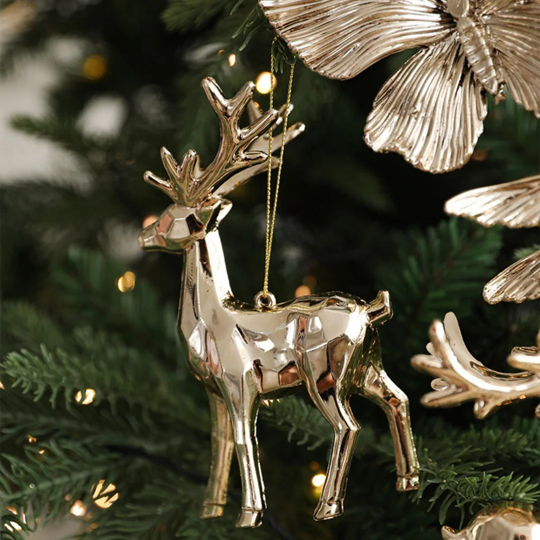 Ornements d'arbre de Noël plaqué or, décoration dorée, wapiti nickel é, flocon de neige, nœud papillon, étoile, fête du Nouvel An