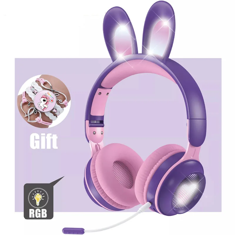 Auriculares inalámbricos con orejas de conejo para niños, audífonos con micrófono, música, Bluetooth, para juegos, novedad