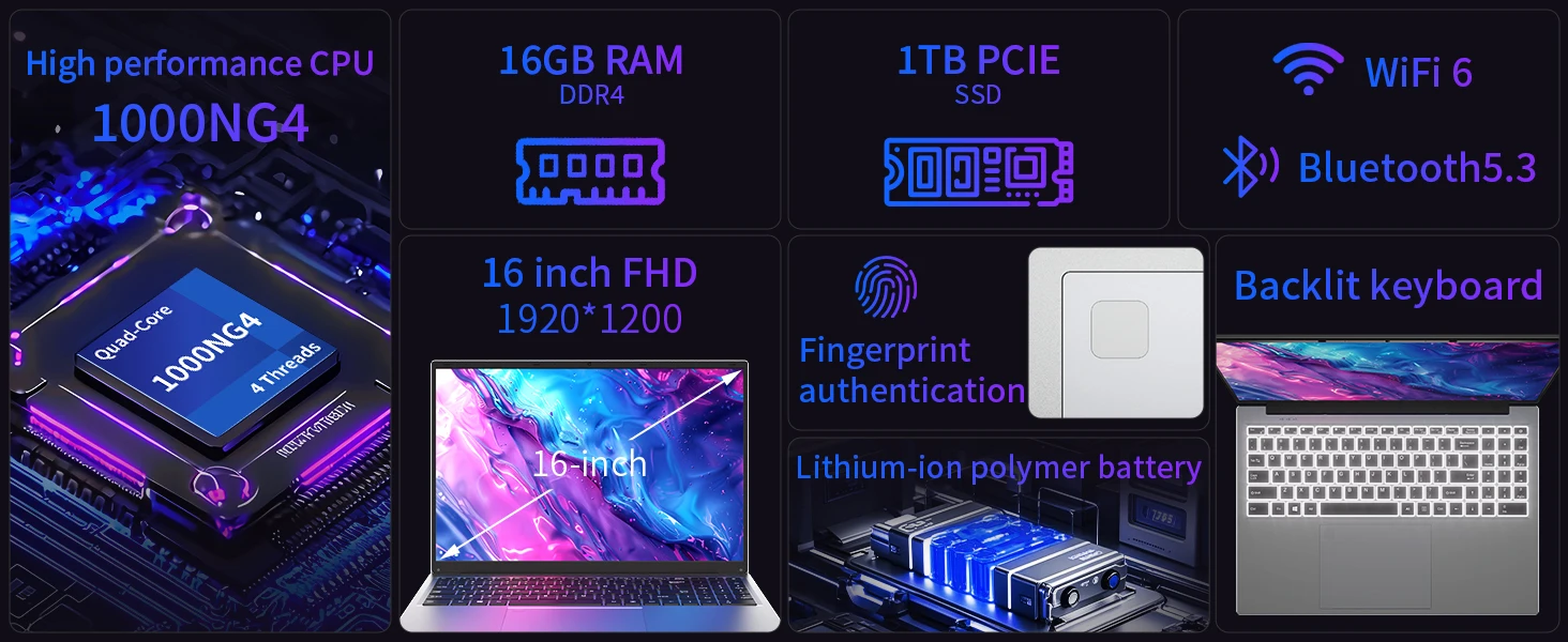 16" Laptop, I3 Processor, 16Gb Ddr4, 1Tb Ssd, 1920×1200 Fhd Display, Fingerprint Unlock, Backlit Keyboard, Privacy Camera, Multi-Interface