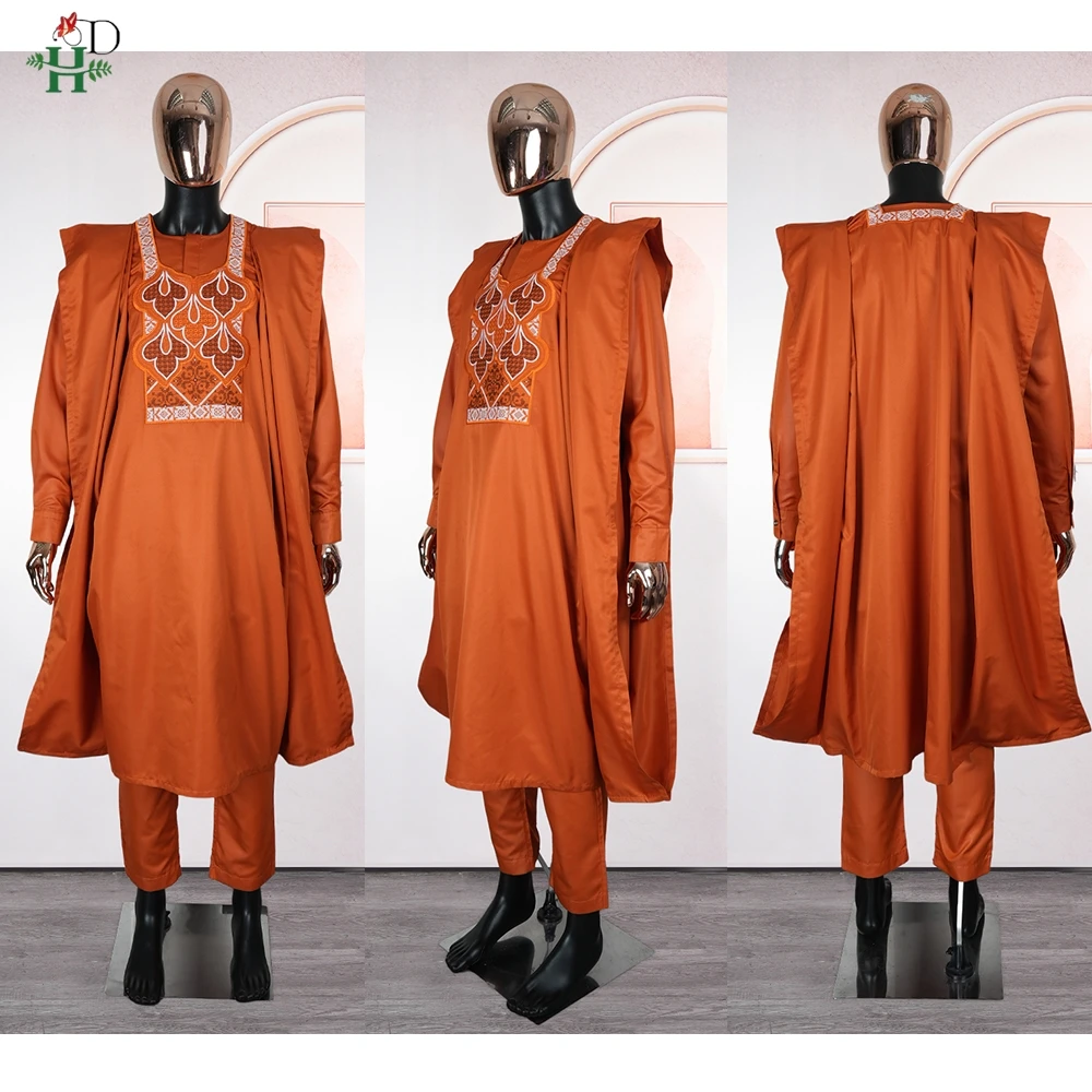 2025 Africano Boubou Uomo Agbada 3 pezzi Abiti Arancione Dashiki Camicia da uomo Pantaloni Abito Abiti ricamati Matrimonio Top Pantaloni Set