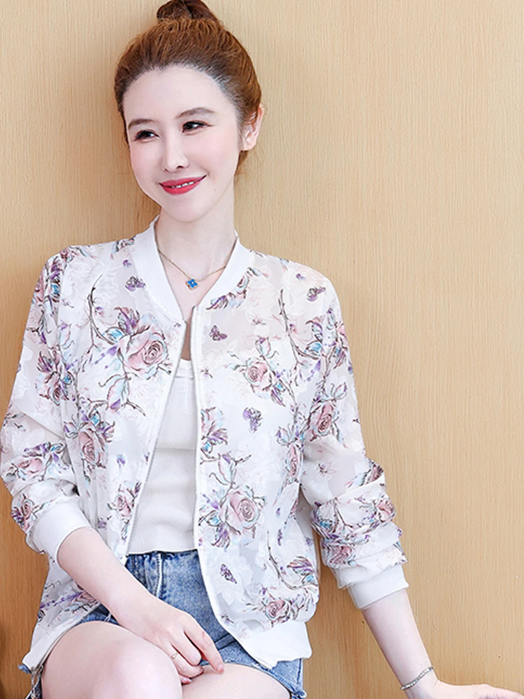 

Женская летняя модная универсальная дышащая верхняя одежда с принтом и защитой от солнца, кружевной топ с цветочным принтом для поездок на работу