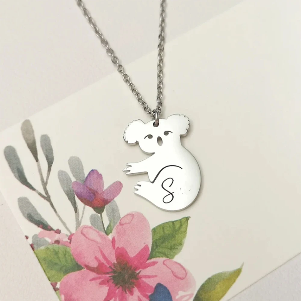 Personalized Animal Necklace, Carved Name Pendant, Cute Koala Stainless Steel Exquisite Necklace, Gift For Animal Enthusiasts