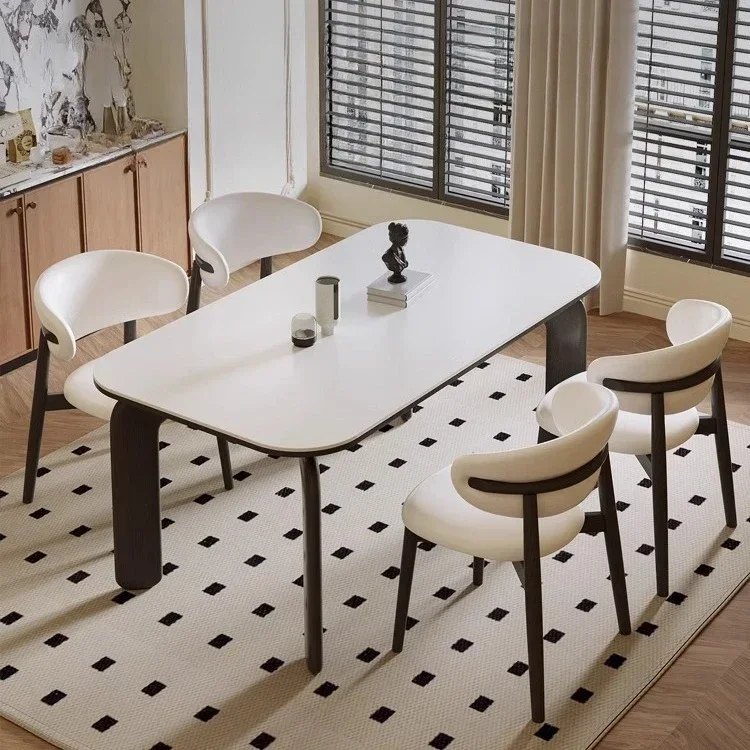 Retro cream style black ash wood solid wood rectangular rock slab dining table household dining table and chairs