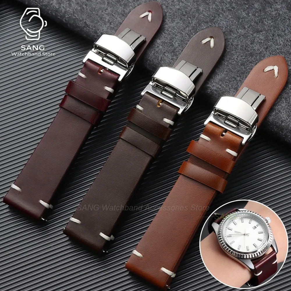 Bracelets de montre vintage en cuir de vachette 18mm 20mm 22mm avec boucle papillon à dégagement rapide pour Seiko pour Rolex, marron et noir