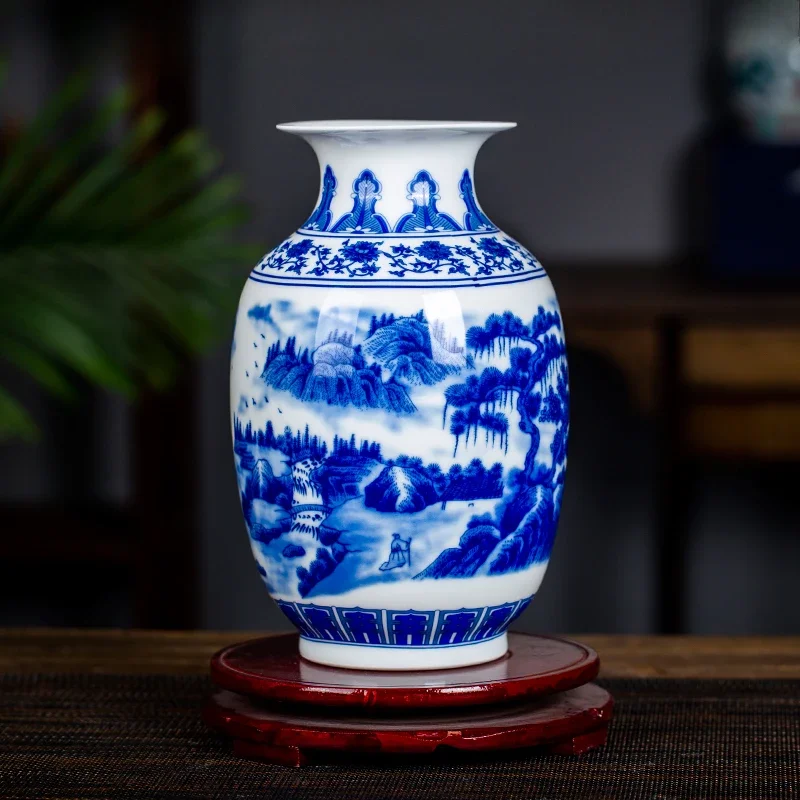 Jingdezhen Blue and White Landscape Vase Modern Chinese Tabletop Flower Vase Elegant Ceramic Ornament TV Cabinet Decoration