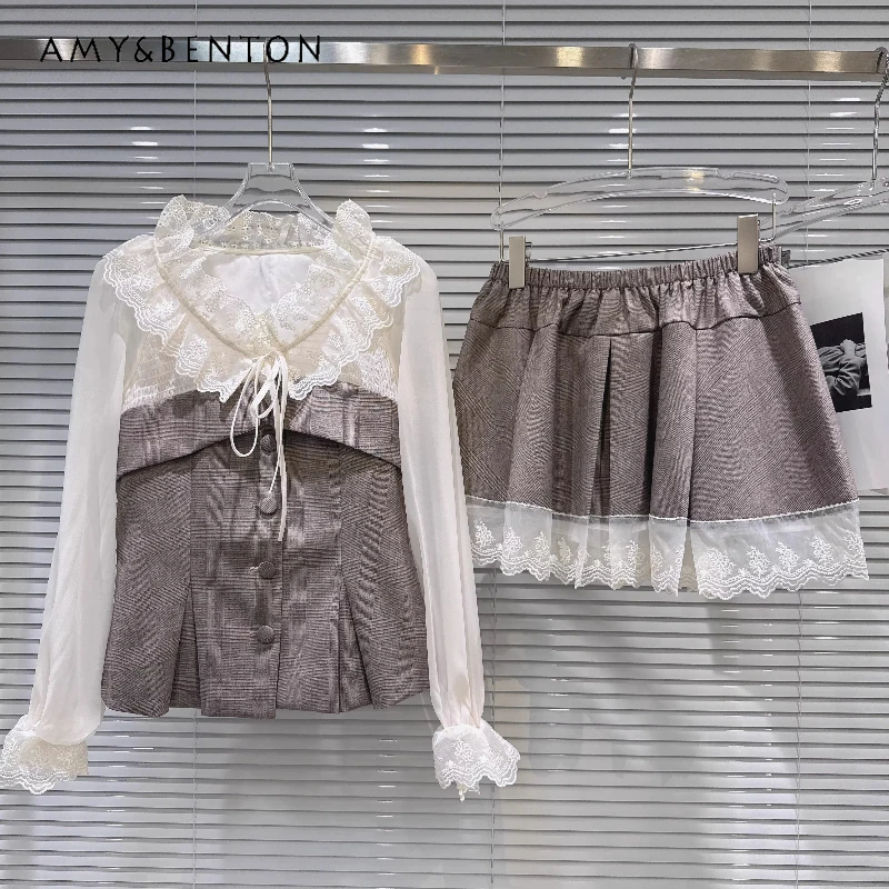 

Original Design Sweet Temperament V-neck Women's T-shirts 2026 Spring New Mesh Lace Hollow Out Splicing Skirts Suits Ladies