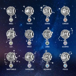 New Original 925 Sterling Silver 12 Constellation Zodiac Star Round Beads for Bracelet Necklace DIY Birthstone CZ Charms Jewelry