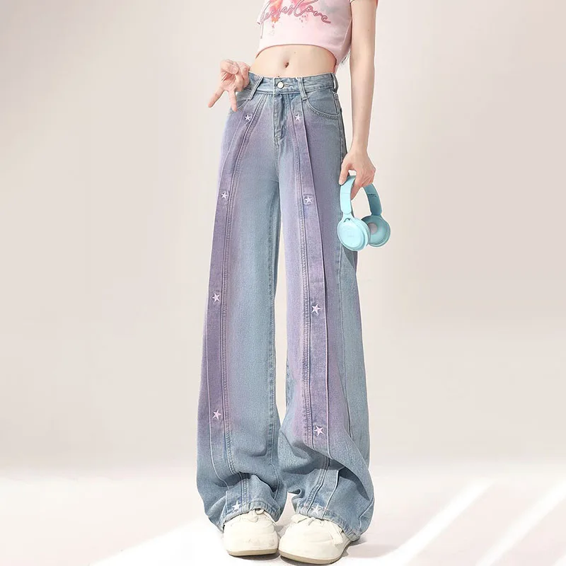 

New Women's Flanged Embroidered Jeans Spring Summer, Loose Wide-leg Pants Female Casual Denim Straight-leg Pants Trousers 4XL