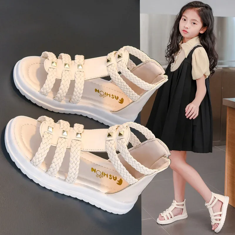 

Girls Roman Sandals Open Toe Braided Solid Color High-top Simple Rivets New Summer Hollow Flat Casual Shoes Kids Fashion Casual