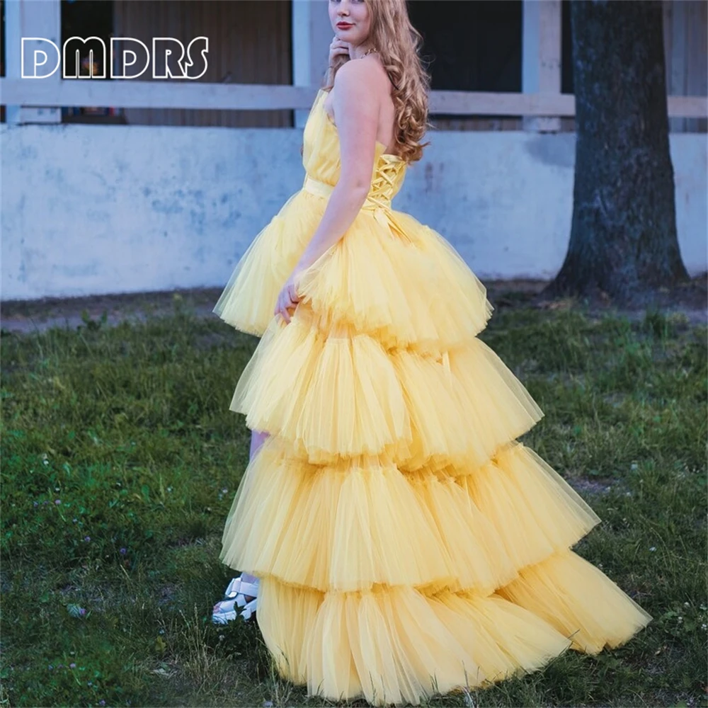 Lovely Lemon Yellow Tiered Tulle Women Formal Dress High Low Strapless Maxi Evening Dress Sweet Prom Dress Cocktail Party Gown