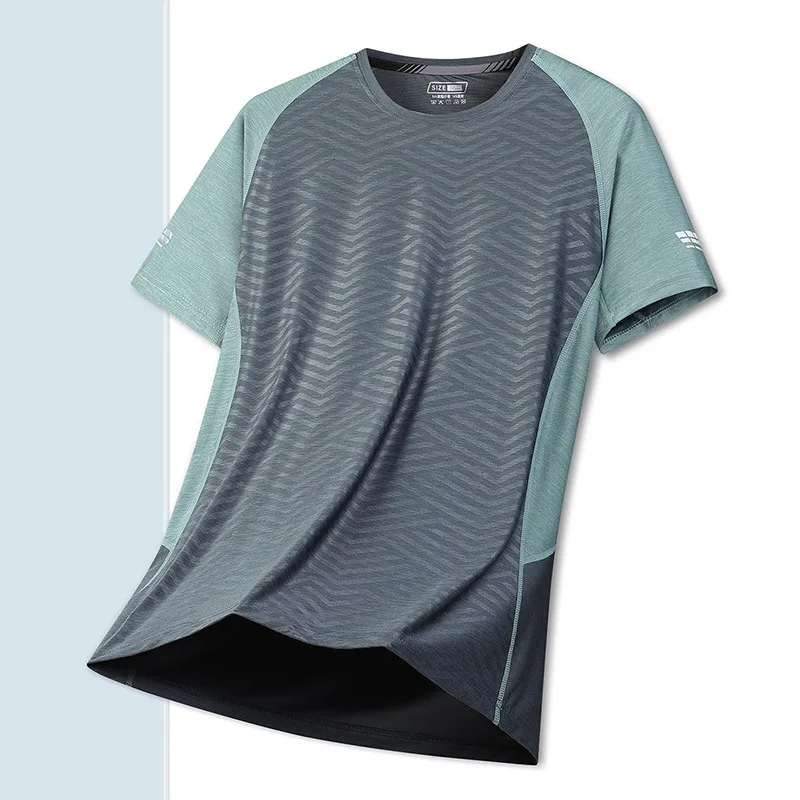 Spliced Color Ice Silk Short Sleeved T-shirt for Men's Summer Round Neck Sports Quick Drying Clothes Outdoor Casual T-shirt