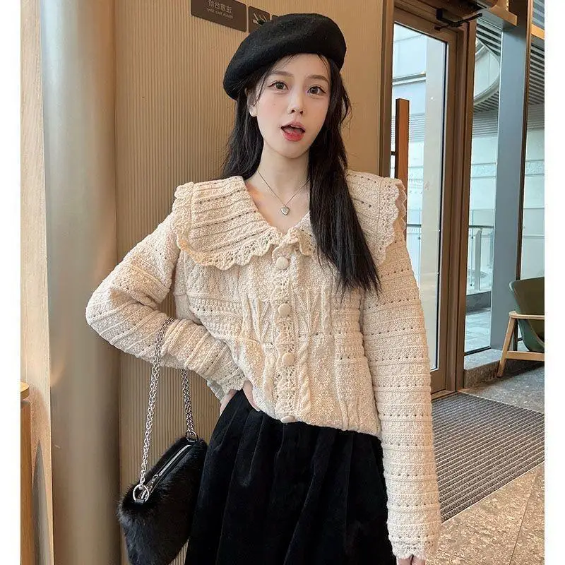 Korean Peter pan Collar knitting Cardigan coat Women Autumn Winter Solid color Long sleeve sweater All-match sweet Knitwear tops