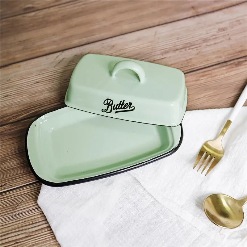 Europe style Retro Nostalgic Enamel With Lid Snack Tray Home Kitchen Tableware Butter Box Cheese Storage  cheese plate