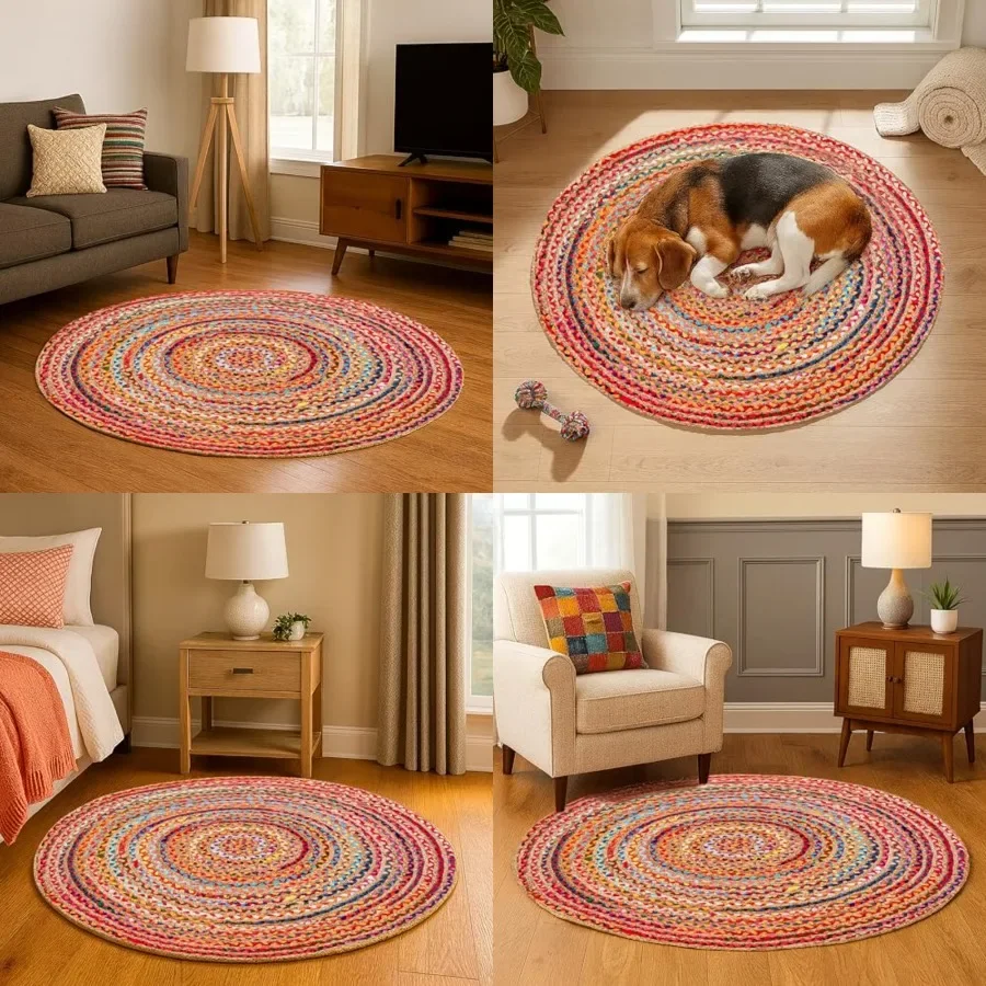 

Bohemian Braided Rug -, Circle Farmhouse Jute Cotton Area Rag Rug for Kitchen, Bedroom, Playroom Colorful Hand Woven Reversible