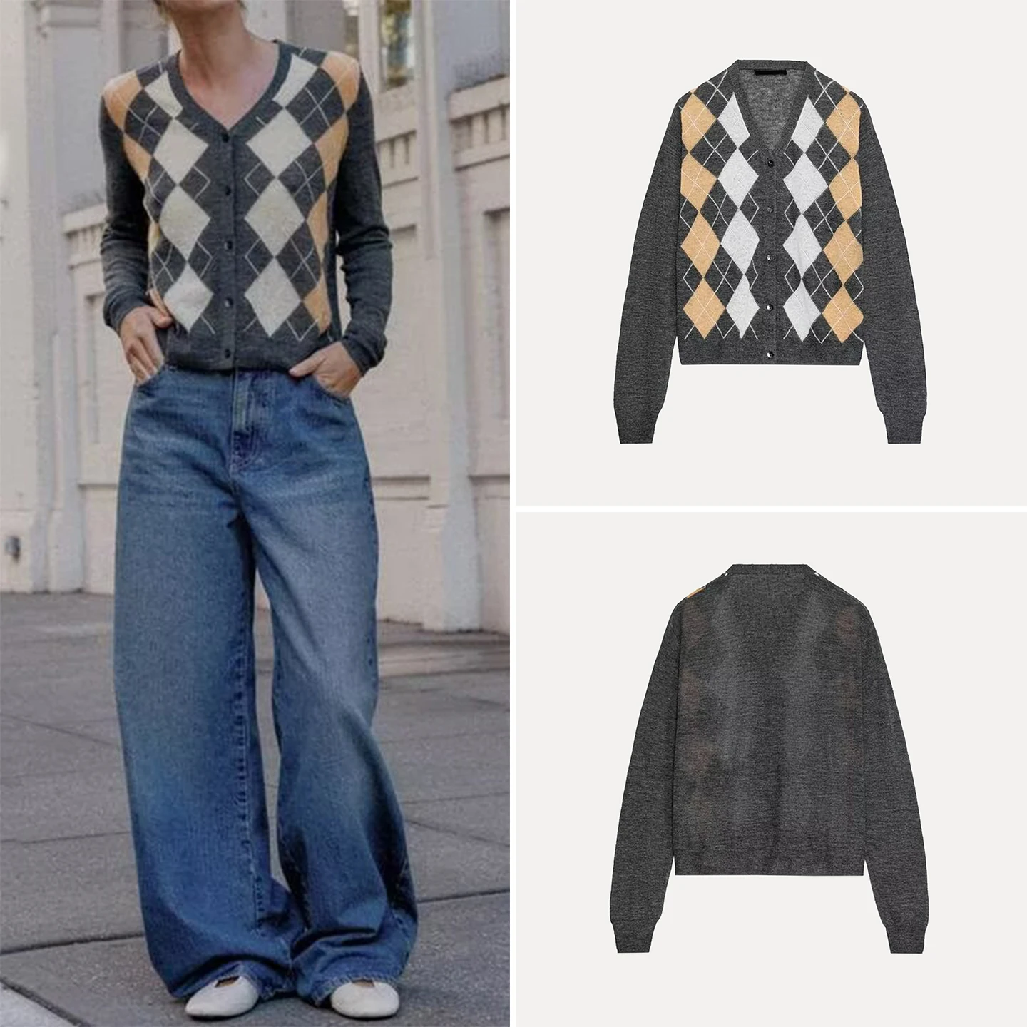 

Z женское модное повседневное вязаное пальто с ромбовидным узором, длинный све, кардиган обычной длины на пуговицах, Новое поступление 2023 г.