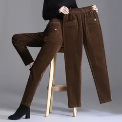 Winter Women's Elastic Waist Solid Pocket Sequined Striped Commuter Loose Slim Corduroy Pants Fashion Casual Harlan Pants