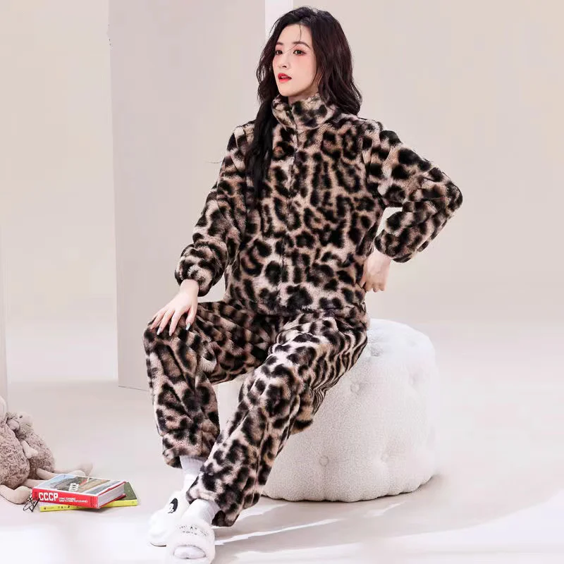 Autumn Winter Pajama Sets For Women Leopard Print Pyjamas 2 Pieces /Sets Long Sleeve Sleepwear Homewear Casual Pijamas image 3