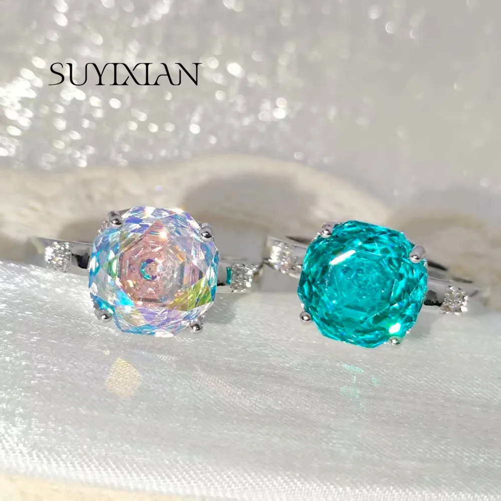 Anel de Cristal Zirconia Octogonal com Corte Rosa Gradiente Paraíba em Prata Esterlina 925, Luxo Leve e Versátil para Mulheres