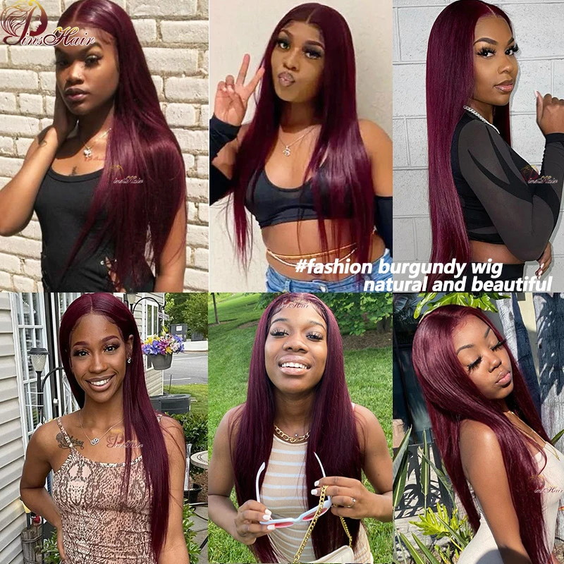 Burgundowe proste koronkowe peruki z ludzkich włosów Pre Plucked 13x4 Transparent Lace Frontal Wig 99J Cherry Red Remy Human Hair 180%