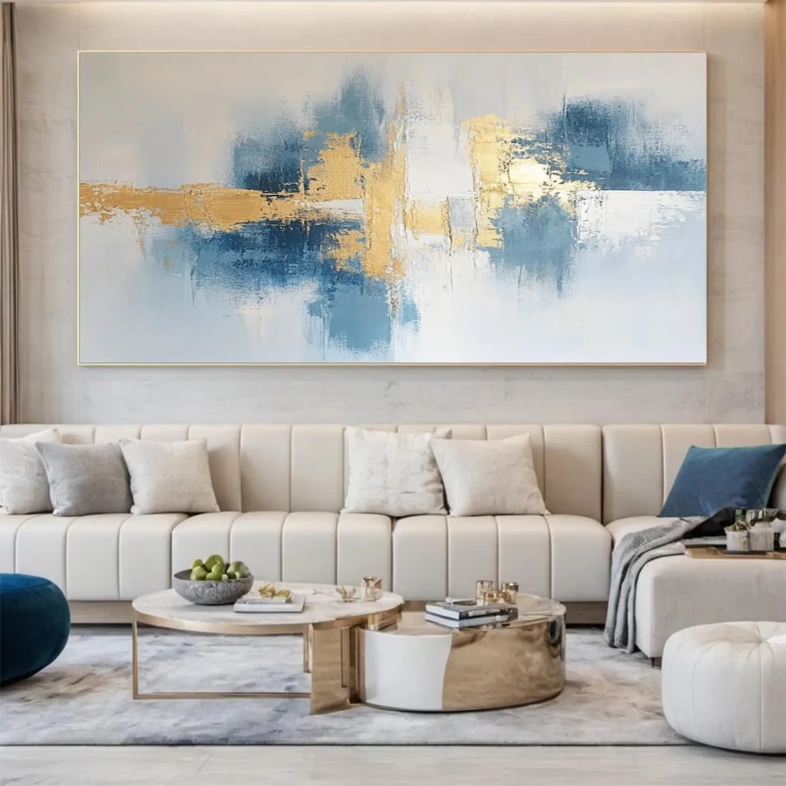 

Large Minimalist Abstract Painting Blue White Minimalist Painting On Canvas Textured Painting Abstract Art Blue and Gold Artwork