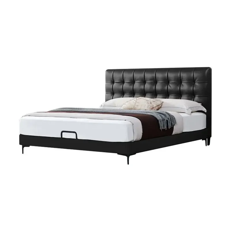 

Leather master bedroom bed, Italian minimalist double light luxury soft bag bed