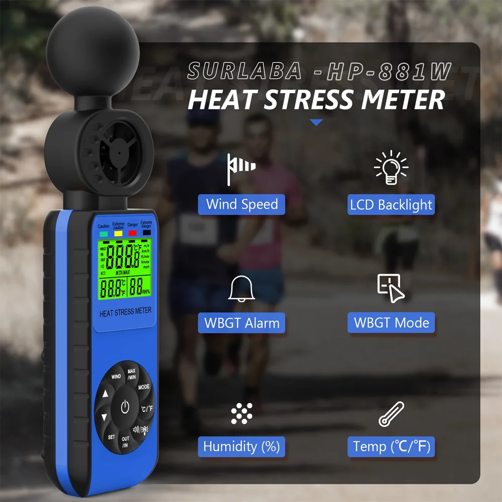 

Handheld Wind Speed Meter, HP-881W With Temperature, Humidity, WBGT Alarm Measuring Range 0～30m/s For Drone Flying & Sailing