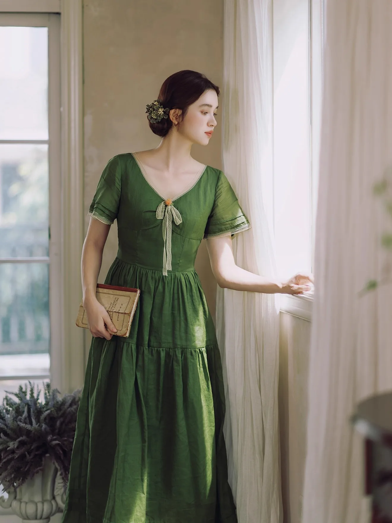 TIYIHAILEY Summer Women Ramie Cotton Dress Short Sleeve Long Maxi Ladies Size S-XL V-Neck Vintage Green High Waist Lace 2025 New