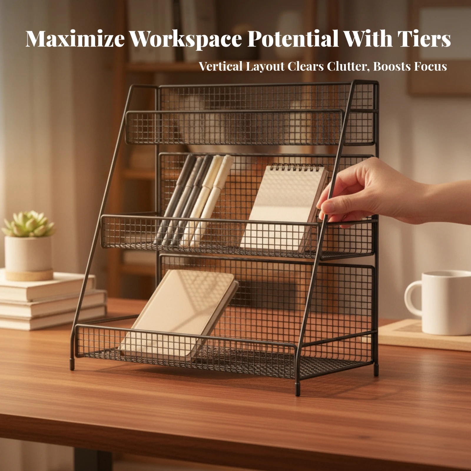 Desktop Storage Rack Freestanding Desk Shelf Organizer Wire Mesh Shelf Space-Saving Tabletop Display Stand Compact