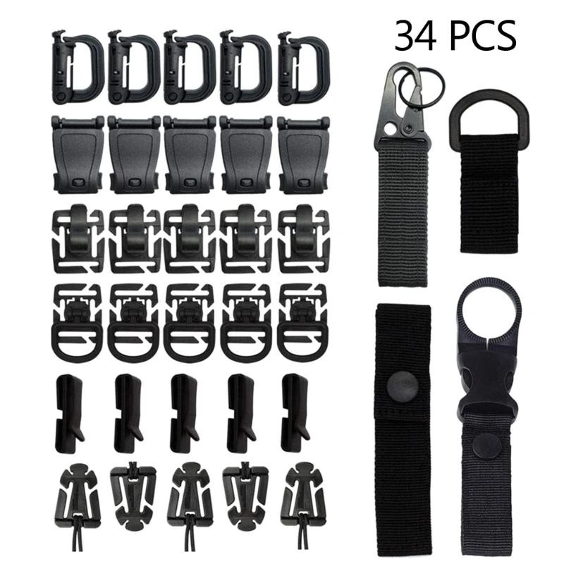 19/34PCS Molle Accessories Kit Attachment D-Ring Grimloc Locking Gear Clip Webbing Strap Tactical Backpack Web Elastic String