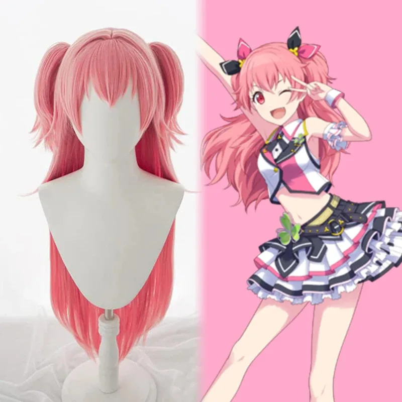 Proyecto Sekai colorido escenario Momoi Airi cosplay peluca doble cola de caballo 76 cm peluca natural rosa para niña cosplay anime resistente al calor