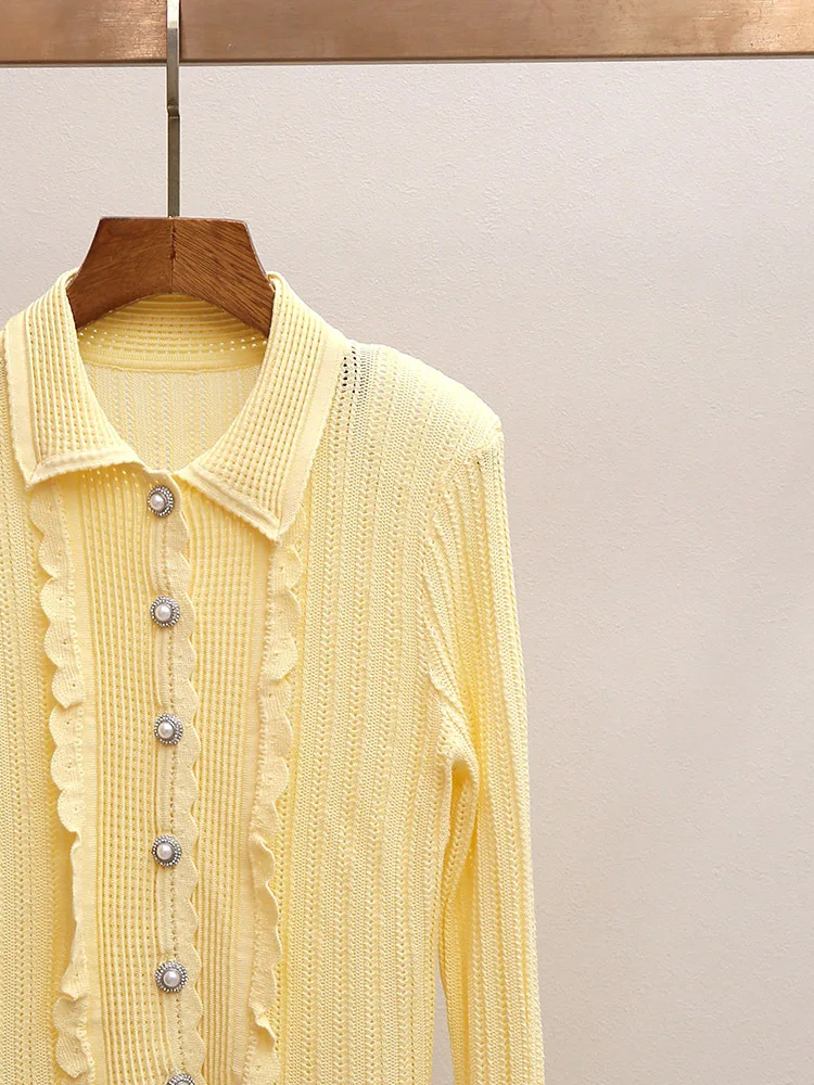

Spring/Summer Women Polo Neck Lace Trim Long Sleeve Solid Knit Set Single Breasted Cardigan + High Waist A-line Mini Skirt