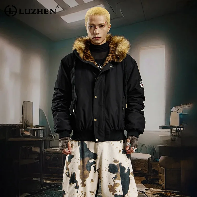LUZHEN 2025 Winter New Thickened Warm Leopard Print Fleece Liner Hooded Fur Parka Coat Men Trendy Street Handsome Jacket JY4932