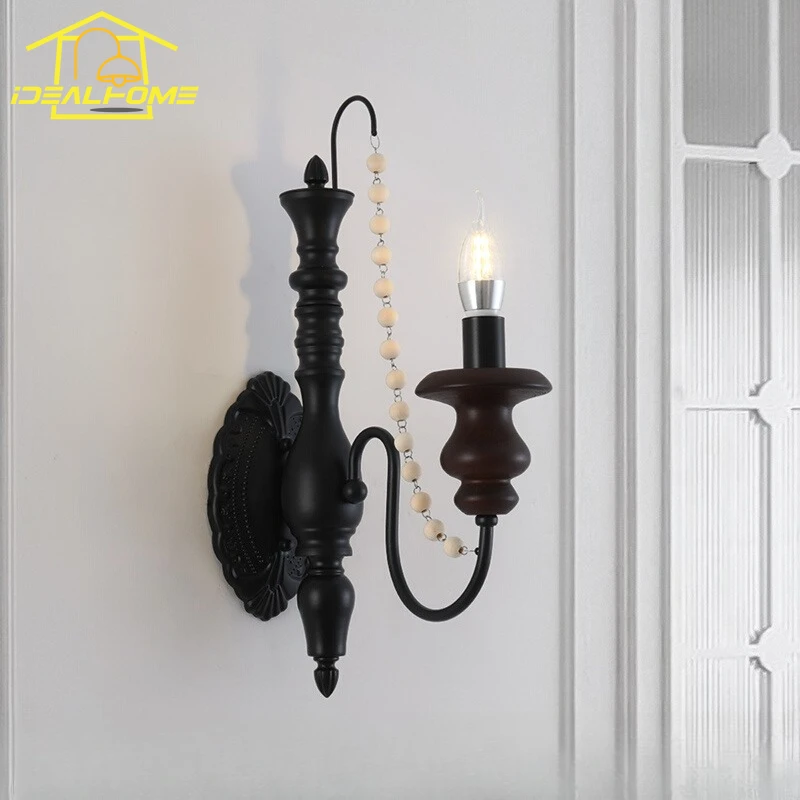 

American Medieval Bedroom Bedside Candle Wall Lamp LED E14 French Solid Wood Wall Mounted Living Room Lobby Corridor Stair Study